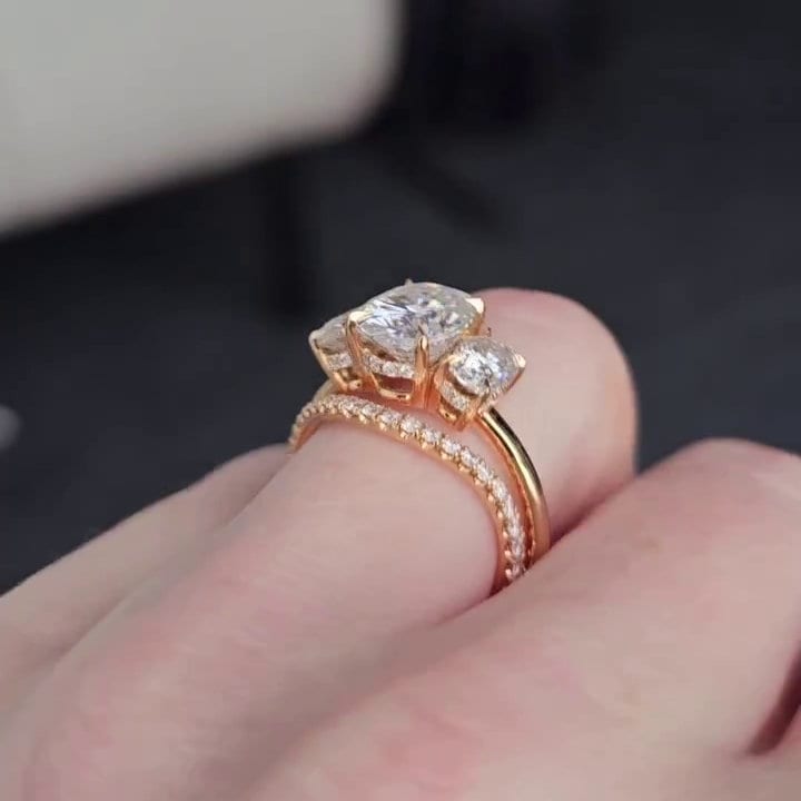 Oval 3.5tcw Lab Grown Diamond wedding set Three Stone Hidden Halo Engagement Ring + diamond band, D-E-F Color, VVS-VS Clarity
