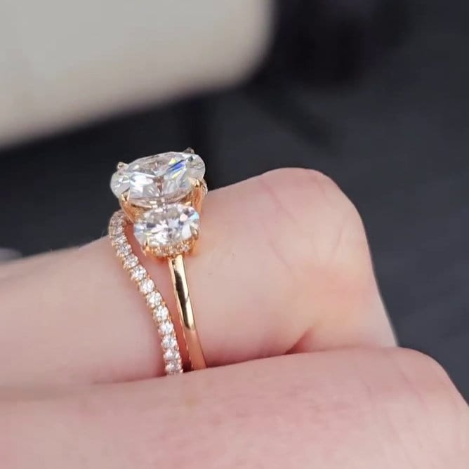 Oval 3.5tcw Lab Grown Diamond wedding set Three Stone Hidden Halo Engagement Ring + diamond band, DEF Color, VVS-VS Clarity