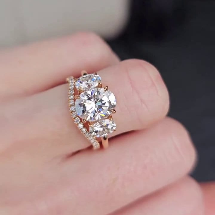 Oval 3.5tcw Lab Grown Diamond wedding set Three Stone Hidden Halo Engagement Ring + diamond band, D-E-F Color, VVS-VS Clarity
