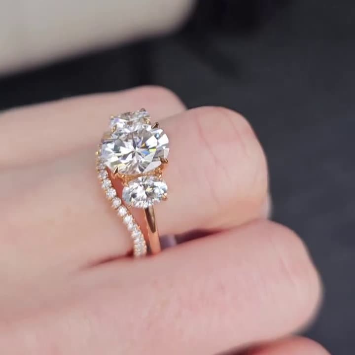 Oval 3.5tcw Lab Grown Diamond wedding set Three Stone Hidden Halo Engagement Ring + diamond band, D-E-F Color, VVS-VS Clarity