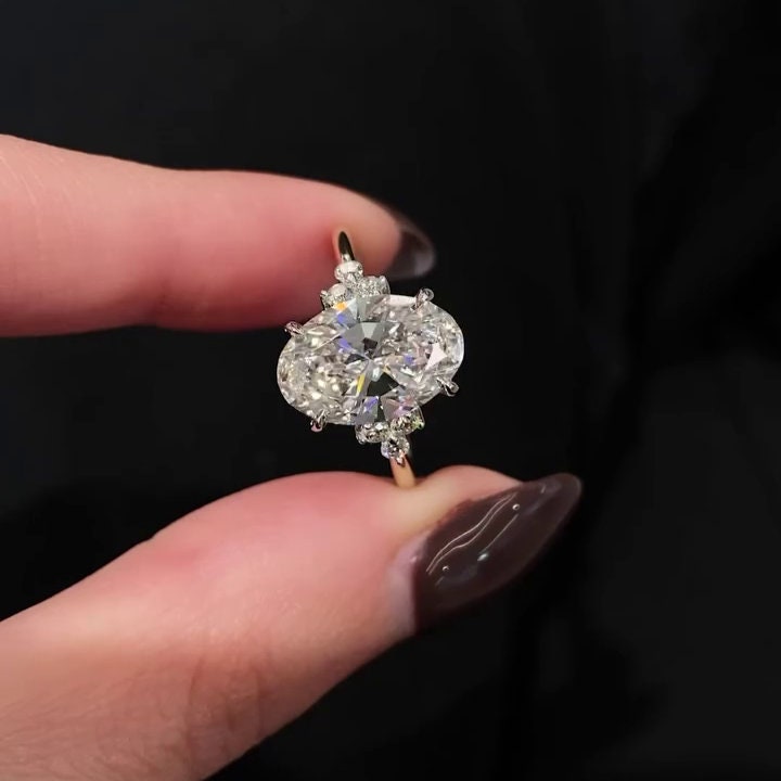 Oval 4.00ct Lab Grown Diamond Three Stone Engagement Ring, D-E-F Color, VVS-VS Clarity