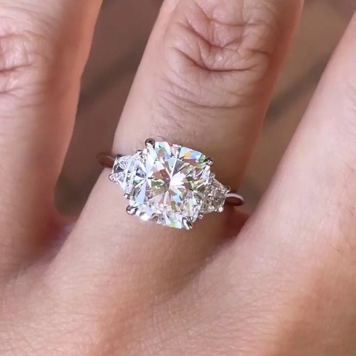 Cushion 3.70tcw Lab Grown Diamond Three Stone Engagement Ring, D-E-F Color, VVS-VS Clarity