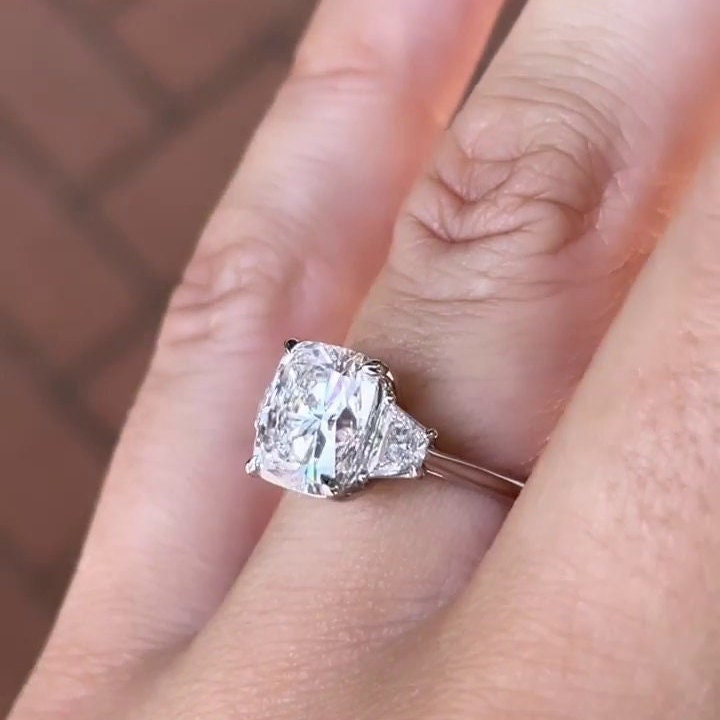 Cushion 3.70tcw Lab Grown Diamond Three Stone Engagement Ring, D-E-F Color, VVS-VS Clarity
