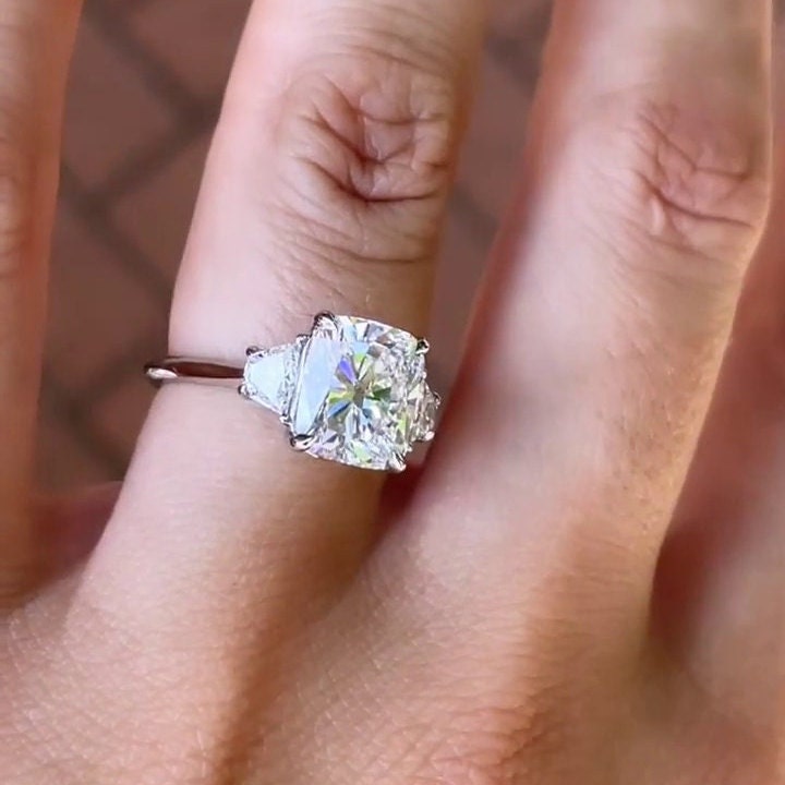 Cushion 3.70tcw Lab Grown Diamond Three Stone Engagement Ring, DEF Color, VVS-VS Clarity