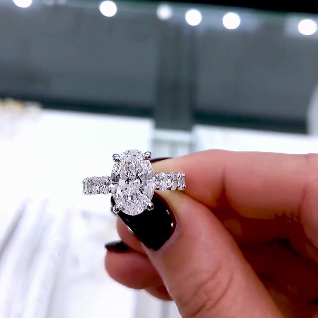 Oval 3.70tcw Lab Grown Diamond Pave Hidden Halo Engagement Ring, D-E-F Color, VVS-VS Clarity
