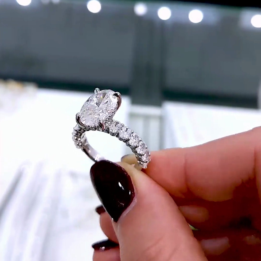 Oval 3.70tcw Lab Grown Diamond Pave Hidden Halo Engagement Ring, D-E-F Color, VVS-VS Clarity