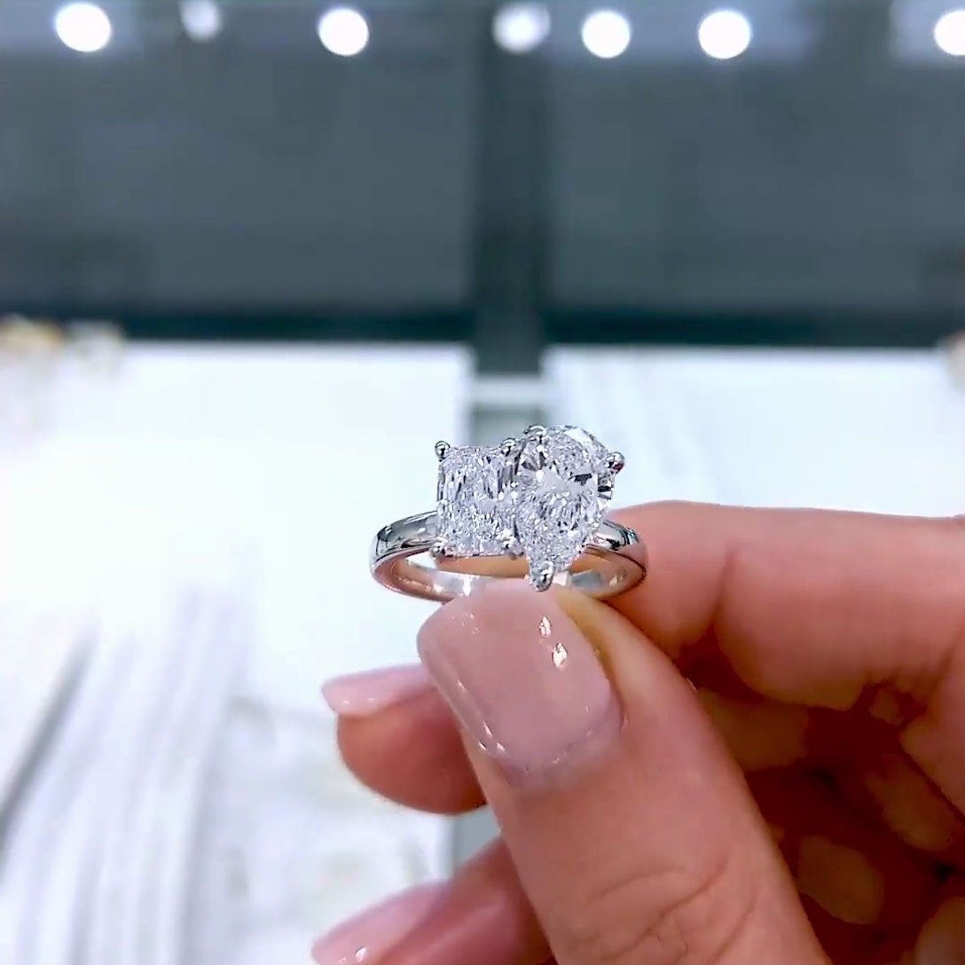 Pear And Radiant 3.50tcw Lab Grown Diamond Toi et Moi Engagement Ring, DEF Color, VVS-VS Clarity