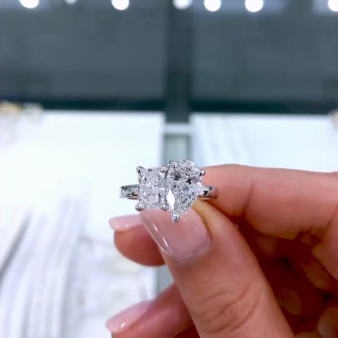 Pear And Radiant 3.50tcw Lab Grown Diamond Toi et Moi Engagement Ring, DEF Color, VVS-VS Clarity