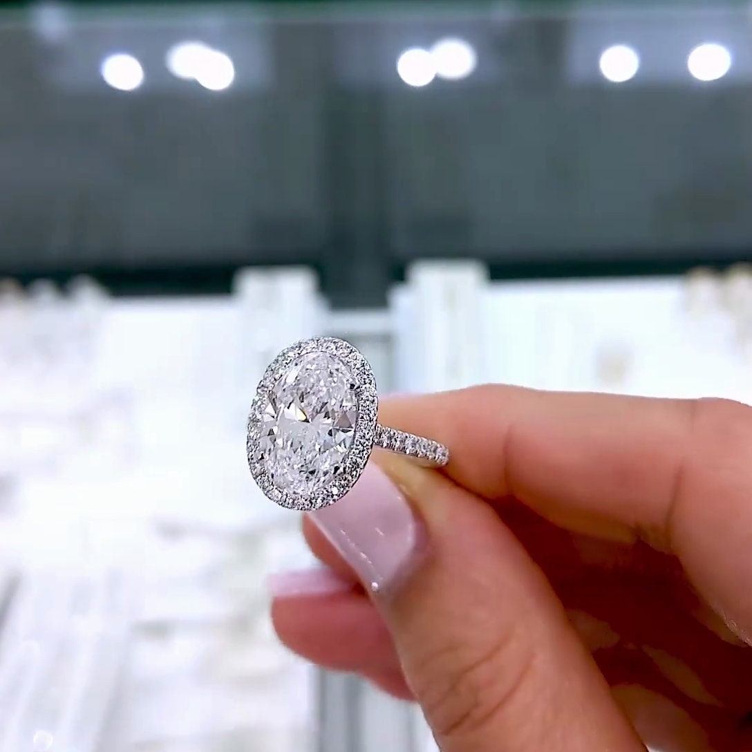 Oval 4.20tcw Lab Grown Diamond Cathedral Pave Halo Engagement Ring, D-E-F Color, VVS-VS Clarity