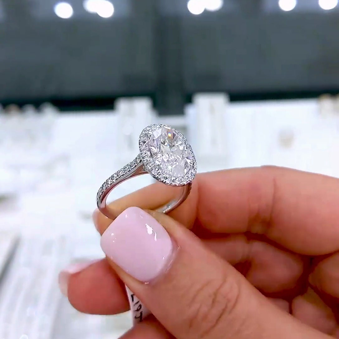 Oval 4.20tcw Lab Grown Diamond Cathedral Pave Halo Engagement Ring, D-E-F Color, VVS-VS Clarity