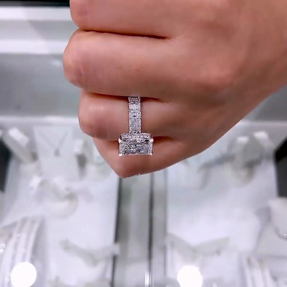Radiant 5.30tcw Lab Grown Diamond Pave Hidden Halo Engagement Ring, D-E-F Color, VVS-VS Clarity