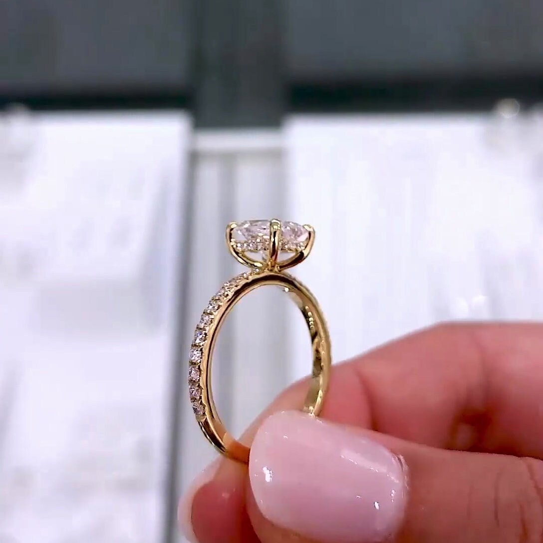 Cushion 2.30tcw Lab Grown Diamond Engagement Ring, Hidden Halo Pave Setting, D-E-F Color, VVS-VS Clarity