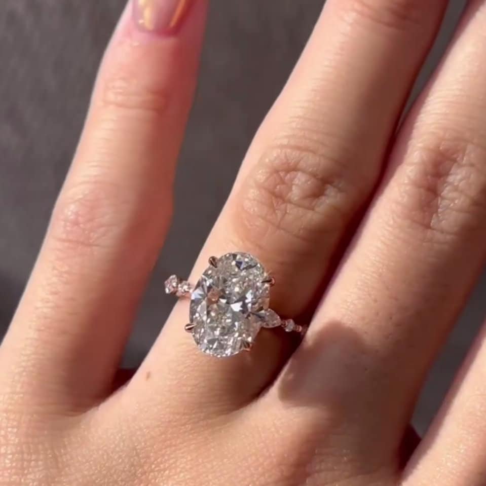 Oval 4.30tcw Lab Grown Diamond, Marquise And Round pave Engagement Ring, D-E-F Color, VVS-VS Clarity