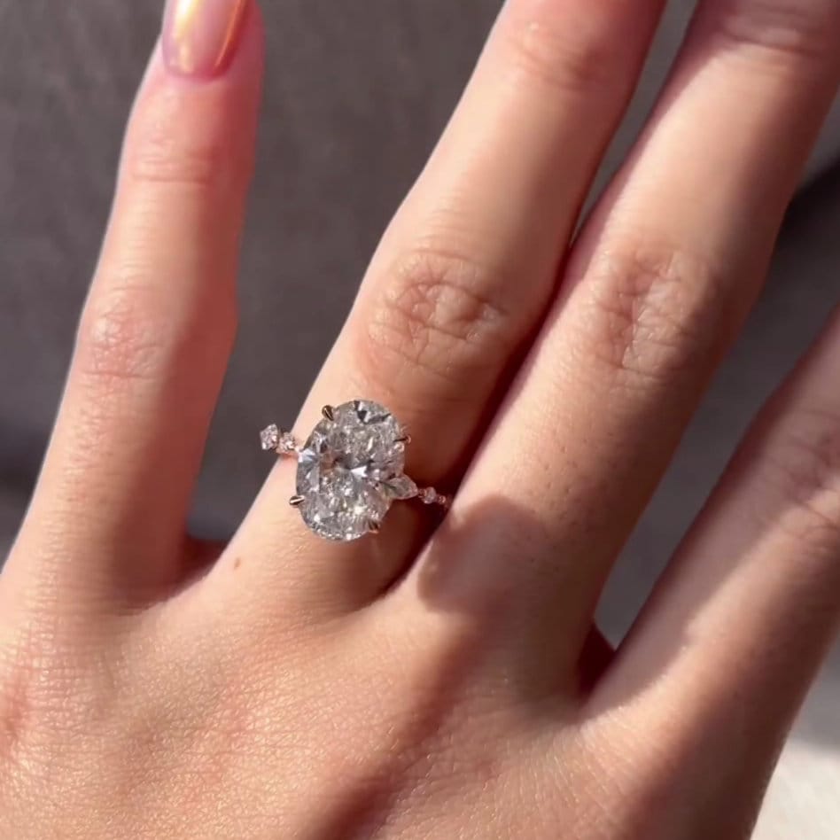 Oval 4.30tcw Lab Grown Diamond, Marquise And Round pave Engagement Ring, D-E-F Color, VVS-VS Clarity