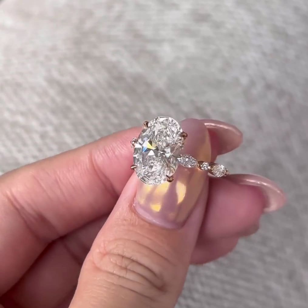 Oval 4.30tcw Lab Grown Diamond, Marquise And Round pave Engagement Ring, D-E-F Color, VVS-VS Clarity