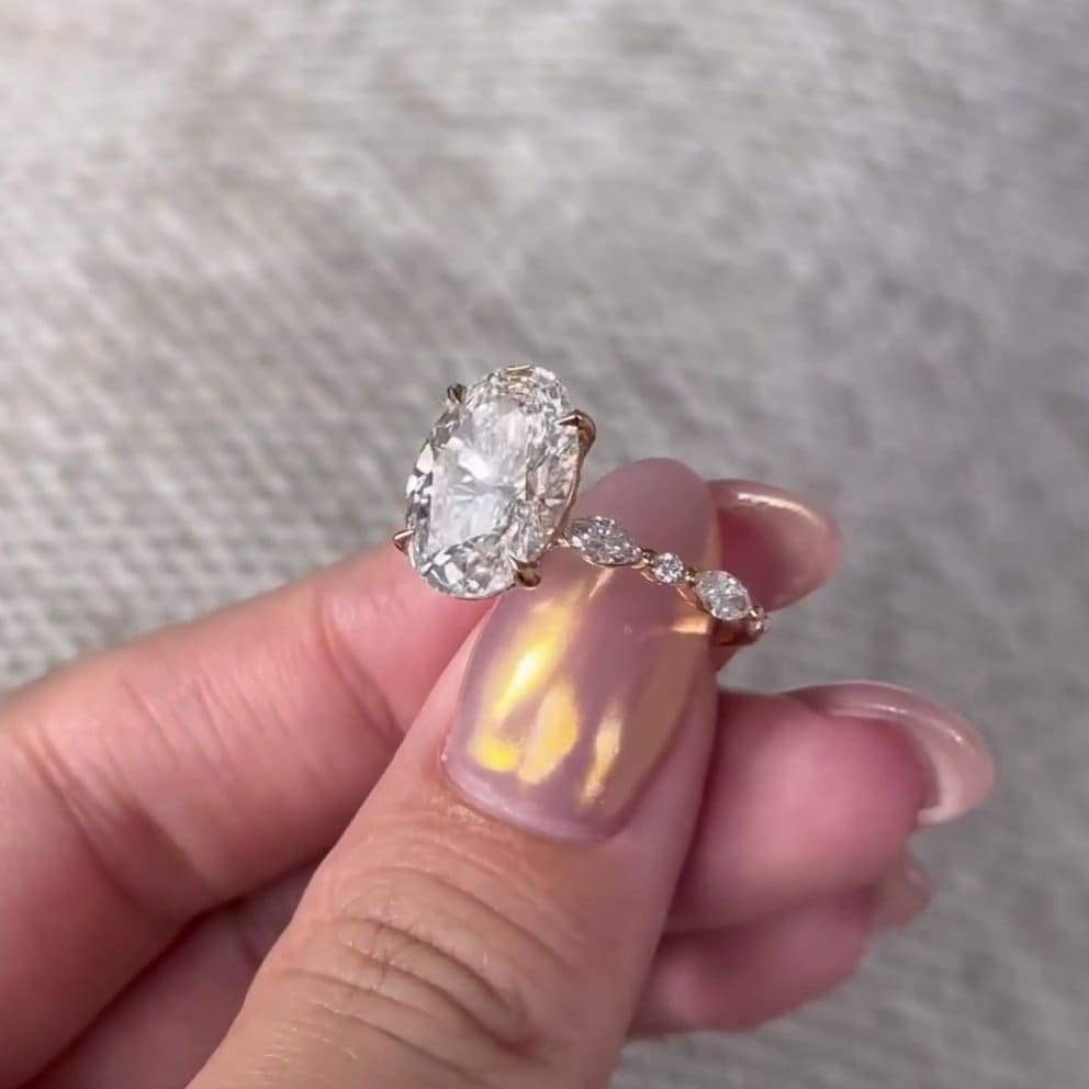 Oval 4.30tcw Lab Grown Diamond, Marquise And Round pave Engagement Ring, D-E-F Color, VVS-VS Clarity