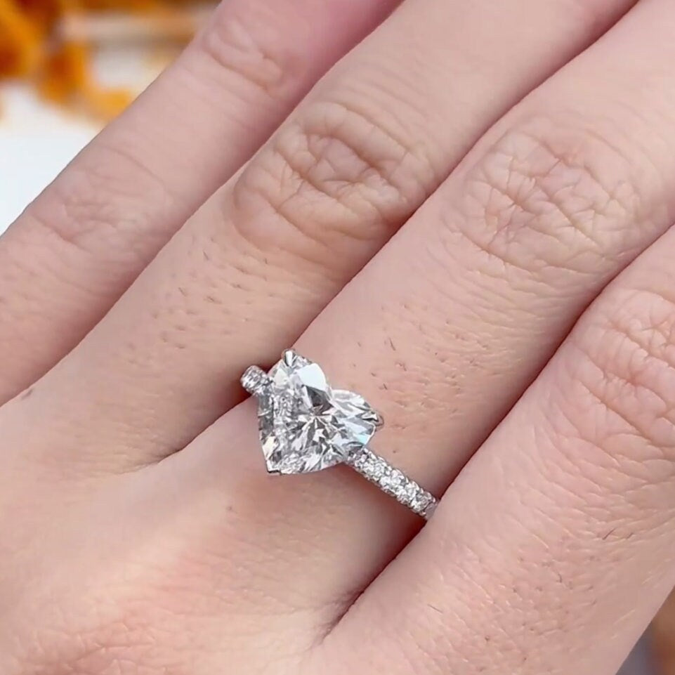 Heart 2.10tcw Lab Grown Diamond Pave Set Engagement Ring, D-E-F Color, VVS-VS Clarity-IGI Certified