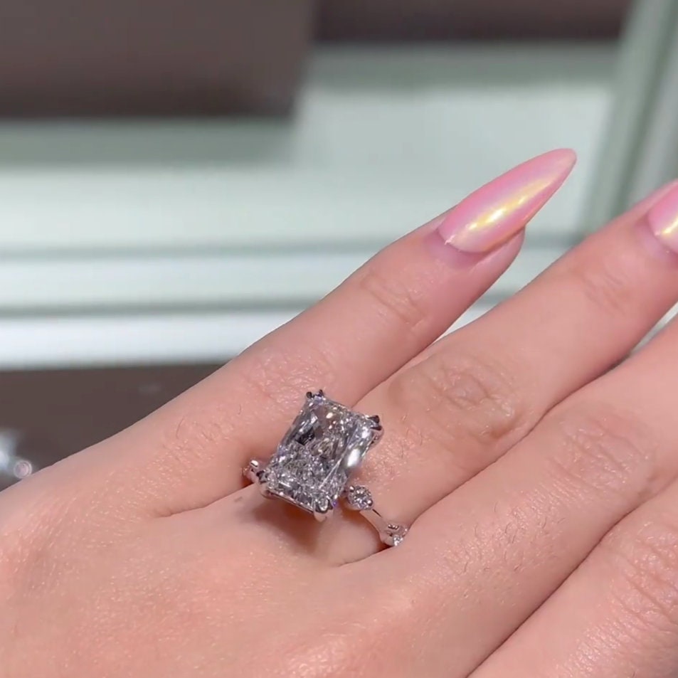 Radiant 5.10tcw Lab Grown Diamond Hidden Halo and Accent Stones Engagement Ring, D-E-F Color, VVS-VS Clarity