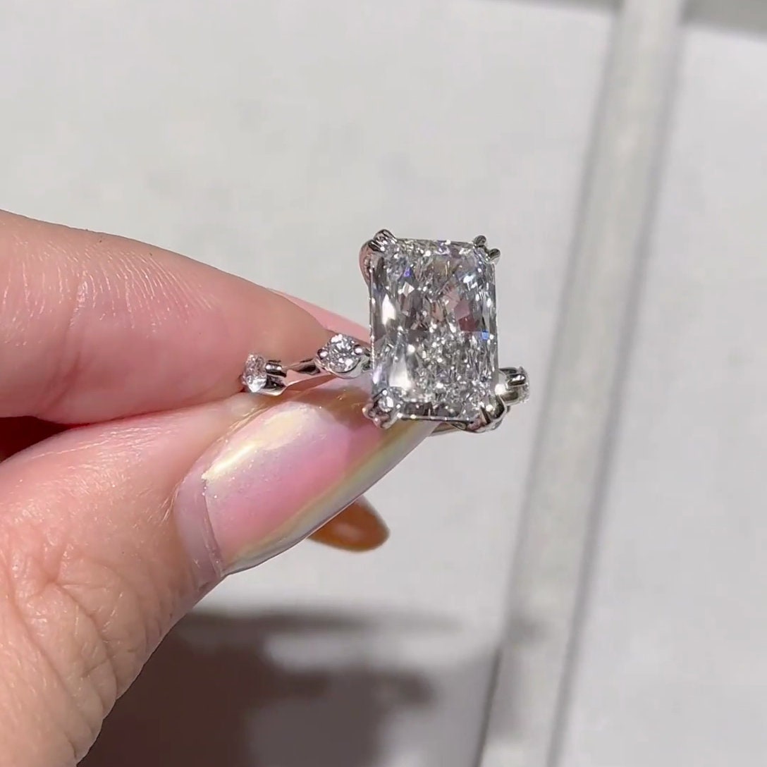 Radiant 5.10tcw Lab Grown Diamond Hidden Halo and Accent Stones Engagement Ring, D-E-F Color, VVS-VS Clarity