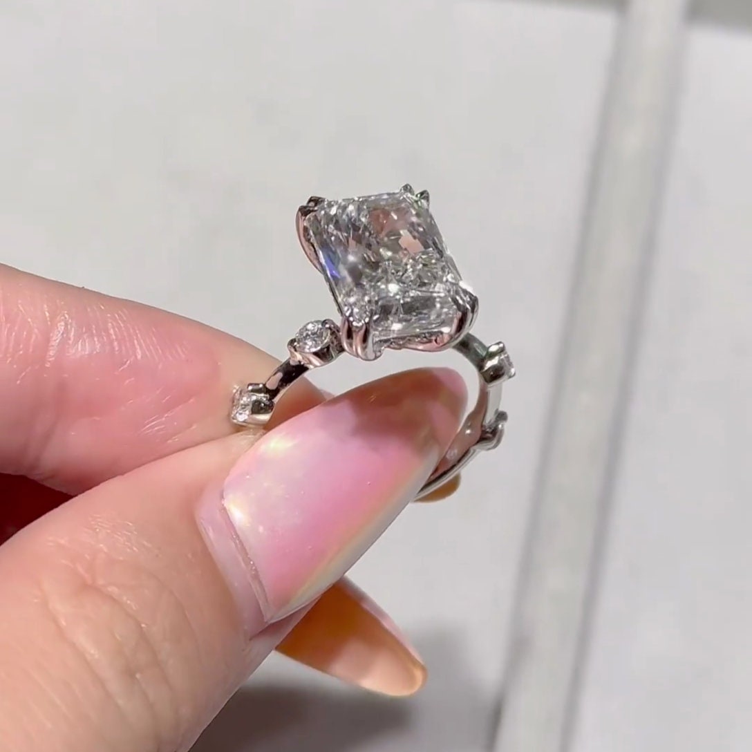 Radiant 5.10tcw Lab Grown Diamond Hidden Halo and Accent Stones Engagement Ring, D-E-F Color, VVS-VS Clarity