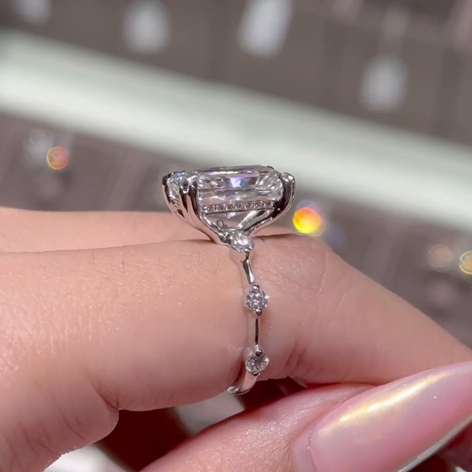 Radiant 5.10tcw Lab Grown Diamond Hidden Halo and Accent Stones Engagement Ring, D-E-F Color, VVS-VS Clarity