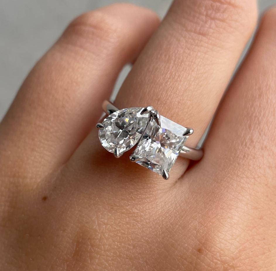 Pear And Radiant 2.00tcw Lab Grown Diamond, Toi et Moi Engagement ring, D-E-F Color VVS-VS Clarity - IGI Certified
