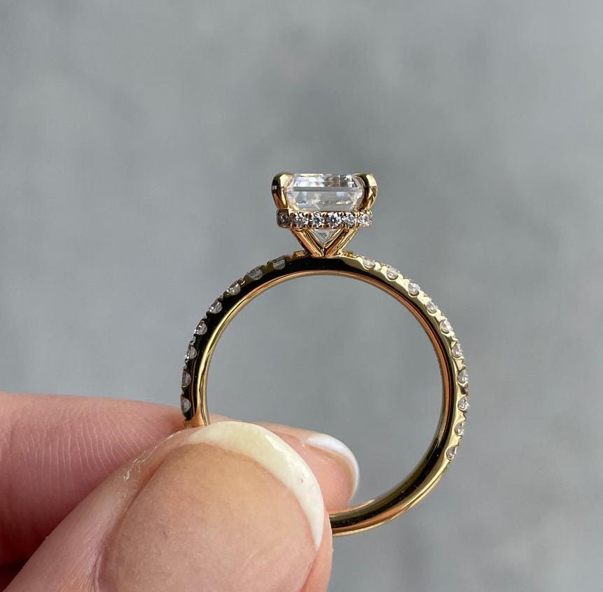 Emerald 3.40tcw Lab Grown Diamond Solitaire Hidden Halo Engagement ring, EF Color, VS Clarity