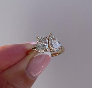 Pear and Oval 3.00tcw Lab Grown Diamond Toi Et Moi  Engagement Ring, D-E-F Color, VVS-VS Clarity