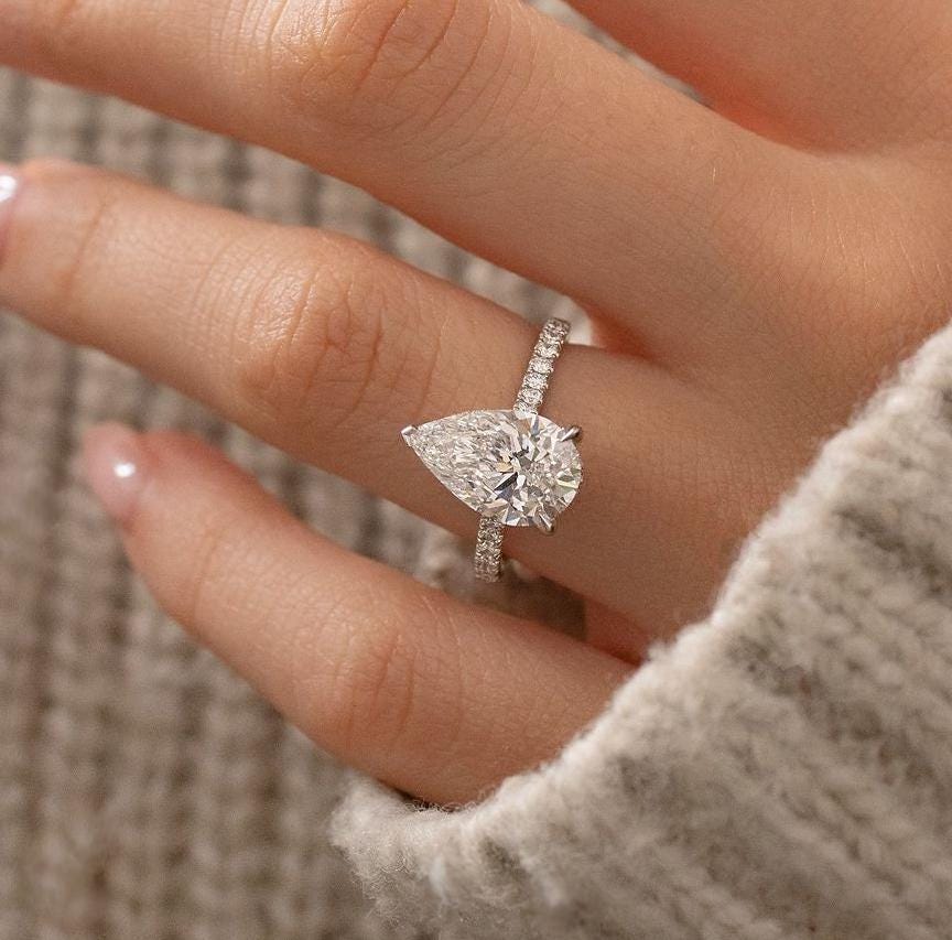 Pear 3.00tcw Lab Grown Diamond, Pave Band Hidden Halo Engagement Ring, DEF Color, VVS-VS Clarity