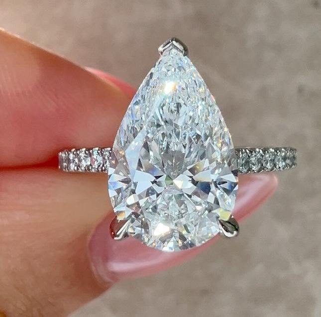 Pear 3.00tcw Lab Grown Diamond, Pave Band Hidden Halo Engagement Ring, D-E-F Color, VVS-VS Clarity