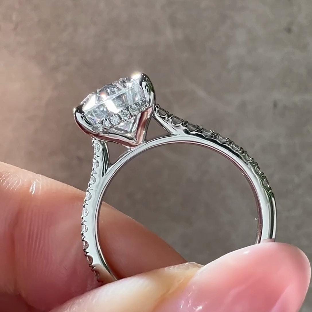 Pear 3.00tcw Lab Grown Diamond, Pave Band Hidden Halo Engagement Ring, DEF Color, VVS-VS Clarity