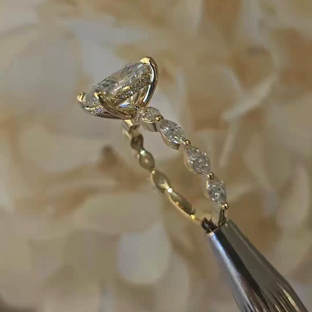 Cushion 4.00ct Lab Grown Diamond Engagement Ring | Hidden Halo | Marquise Side Stones | IGI Certified | D-E-F Color | VVS–VS Clarity | Ethical Fine Jewelry
