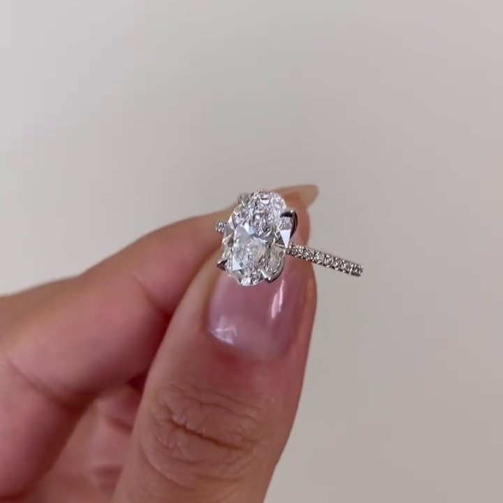 Oval 3.20tcw Lab Grown Diamond Pave Engagement Ring, D-E-F Color, VVS-VS Clarity - IGI Certified