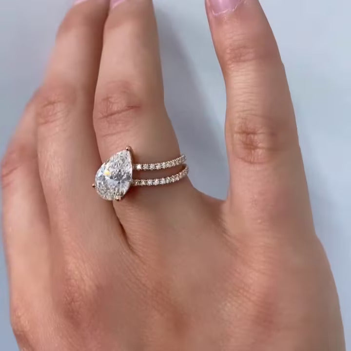 Pear 4.00ct Lab Diamond Double Wave Band Ring | IGI Certified D-E-F Color, VVS–VS Clarity