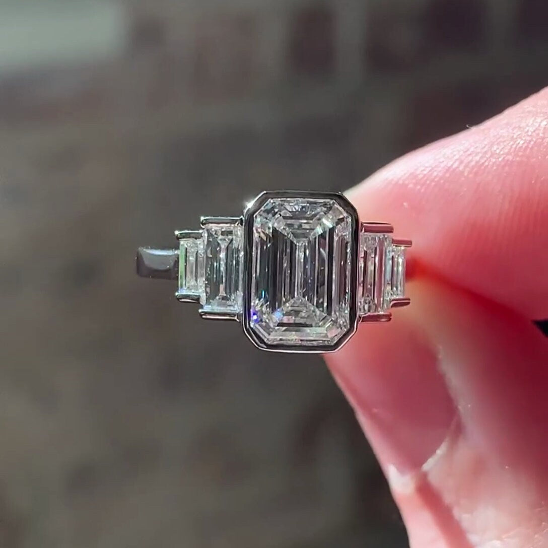 Emerald 3.00tcw Lab Grown Diamond, EF Color, VS Clarity, Bezel Set Engagement Ring