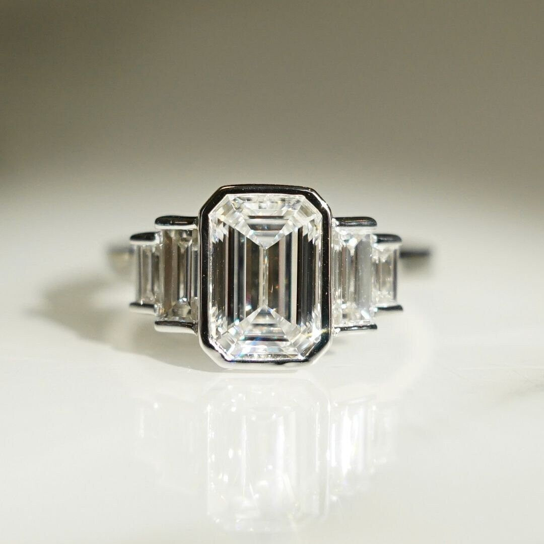 Emerald 3.00tcw Lab Grown Diamond, EF Color, VS Clarity, Bezel Set Engagement Ring
