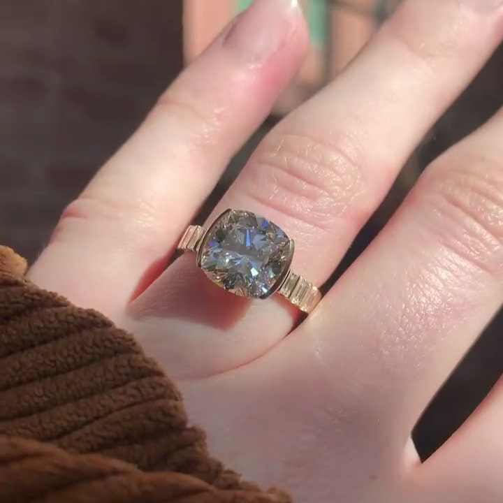 Cushion 4.50tcw Lab Grown Diamond East West Half Bezel Set Engagement Ring, D-E-F Color, VVS-VS Clarity
