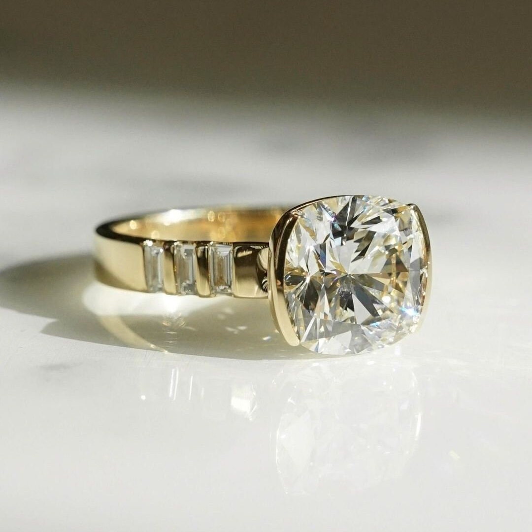 Cushion 4.50tcw Lab Grown Diamond East West Half Bezel Set Engagement Ring, D-E-F Color, VVS-VS Clarity