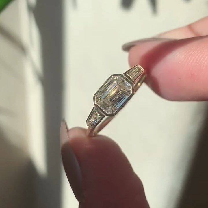 2.00tcw Emerald East-West Bezel Lab Grown Diamond Ring | IGI Certified | DEF VVS | Yellow Gold
