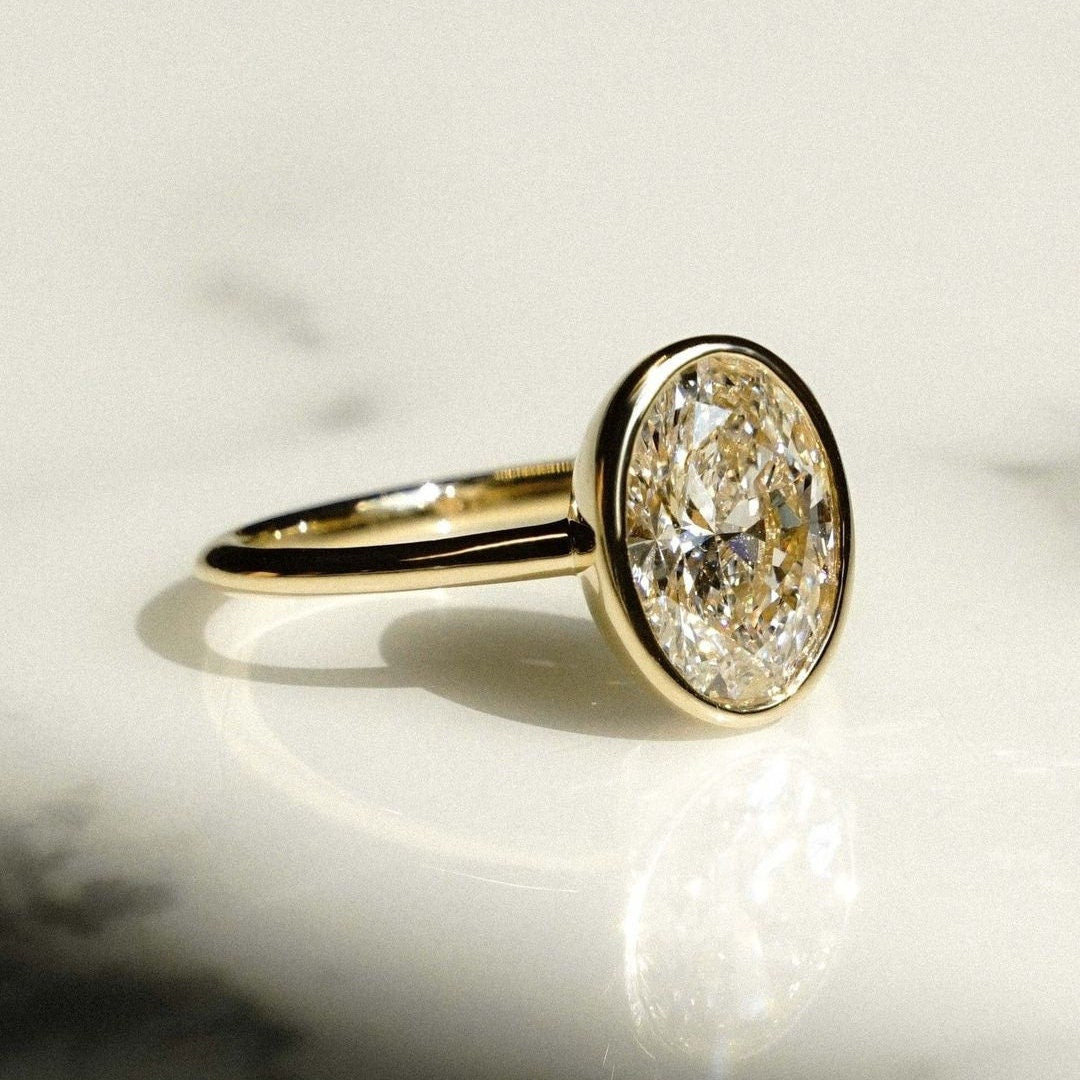 Bezel Set 2.00ct Oval Lab Grown Diamond Ring | IGI Certified | VVS–VS | 10k 14k 18k Gold Options