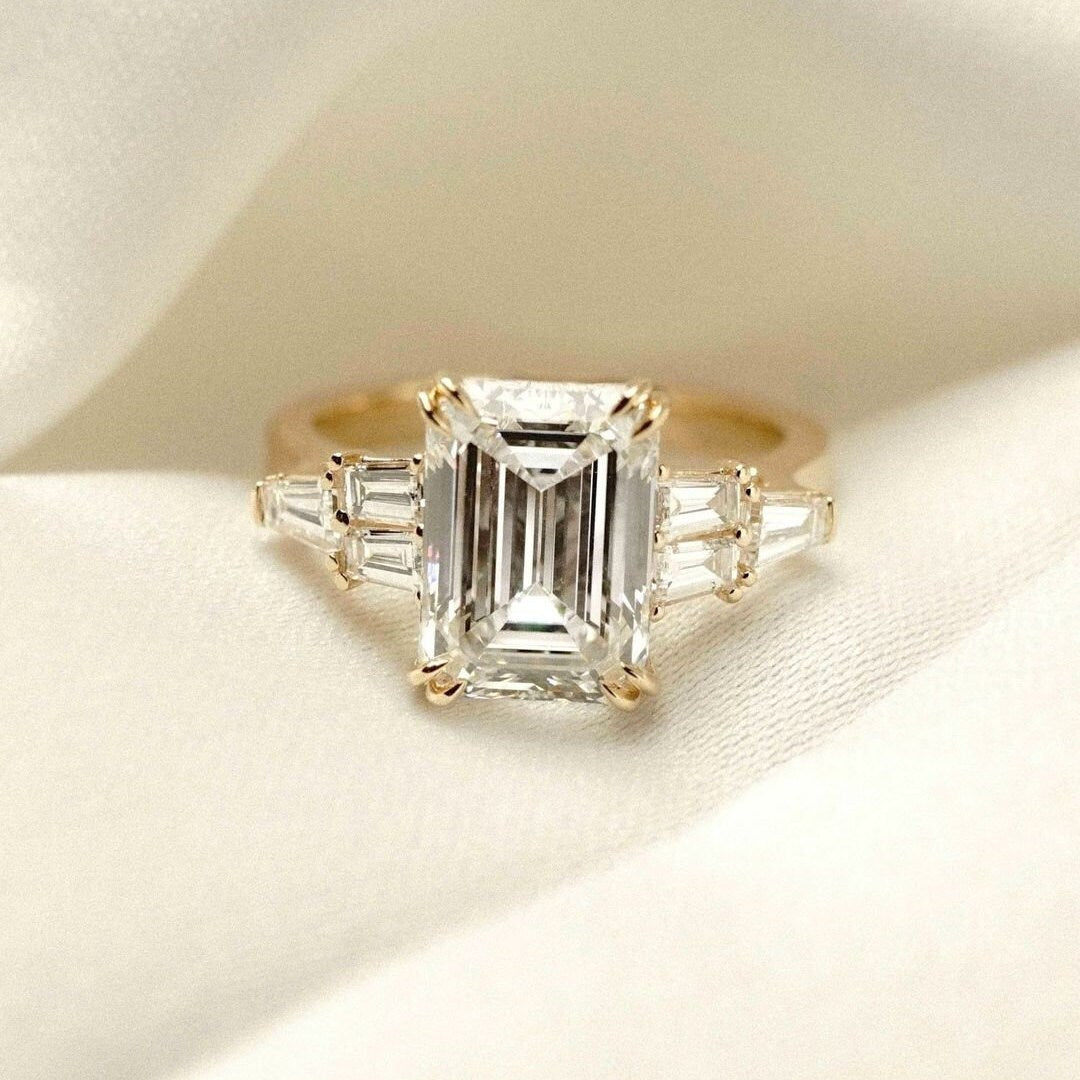 Emerald Cut 3.00ct Lab Diamond Engagement Ring | Pavé & Baguette Side Stones | DEF VVS | IGI Certified