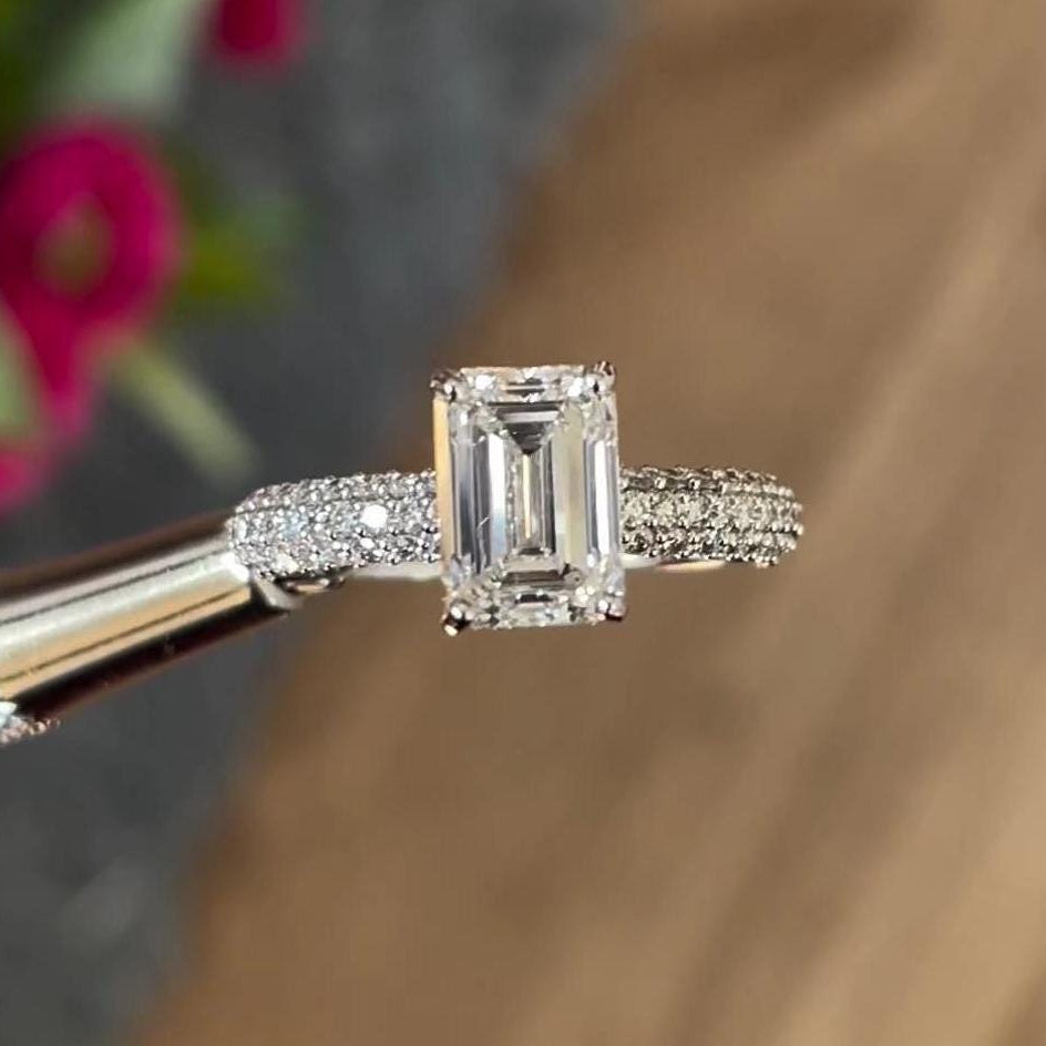 2.50tcw Emerald Lab Grown Diamond Engagement Ring | Pave Hidden Halo | IGI Certified | White Gold
