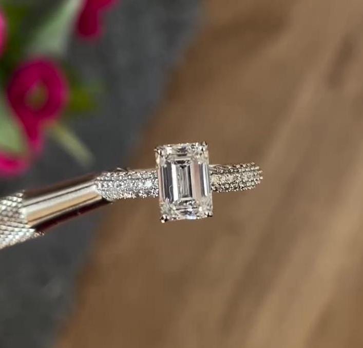 2.50tcw Emerald Lab Grown Diamond Engagement Ring | Pave Hidden Halo | IGI Certified | White Gold