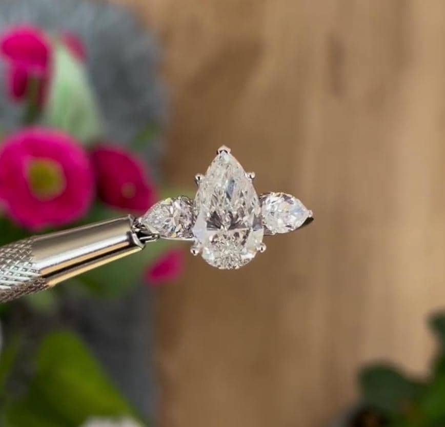 Pear 4.00tcw Lab Grown Diamond, EF Color, VS Clarity, Three Stone Engagement Ring