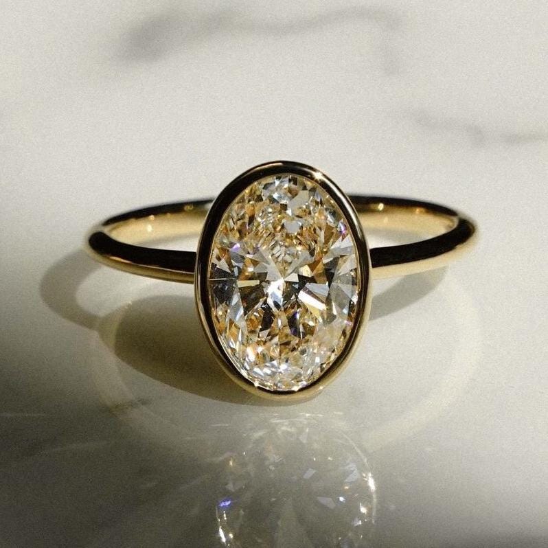 Oval 2.00ct Lab Grown Diamond Bathtub Bezel Fully Engagement Ring, DEF Color, VVS-VS Clarity