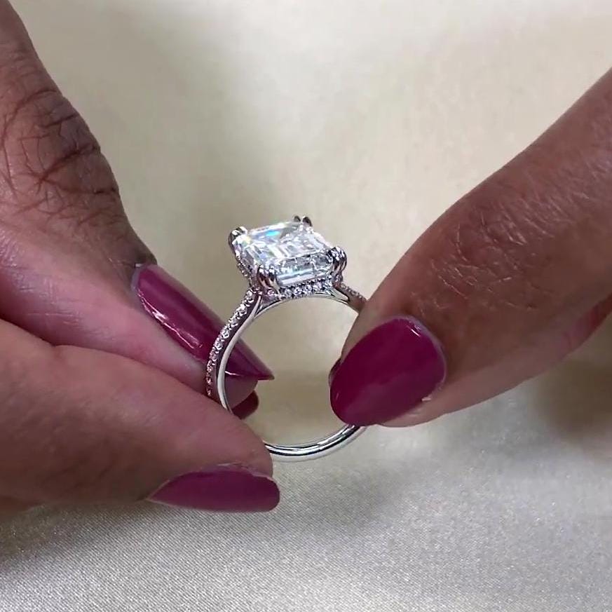 Emerald 5.20tcw Lab Grown Diamond tapering cathedral-style Engagement Ring, EF Color, VS Clarity - IGI Certified