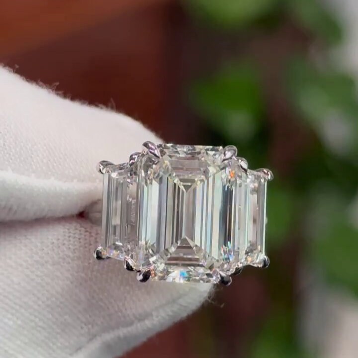 Emerald 15.00tcw Lab Grown Diamond Three Stone Engagement Ring | IGI Certified D-E-F VVS–VS