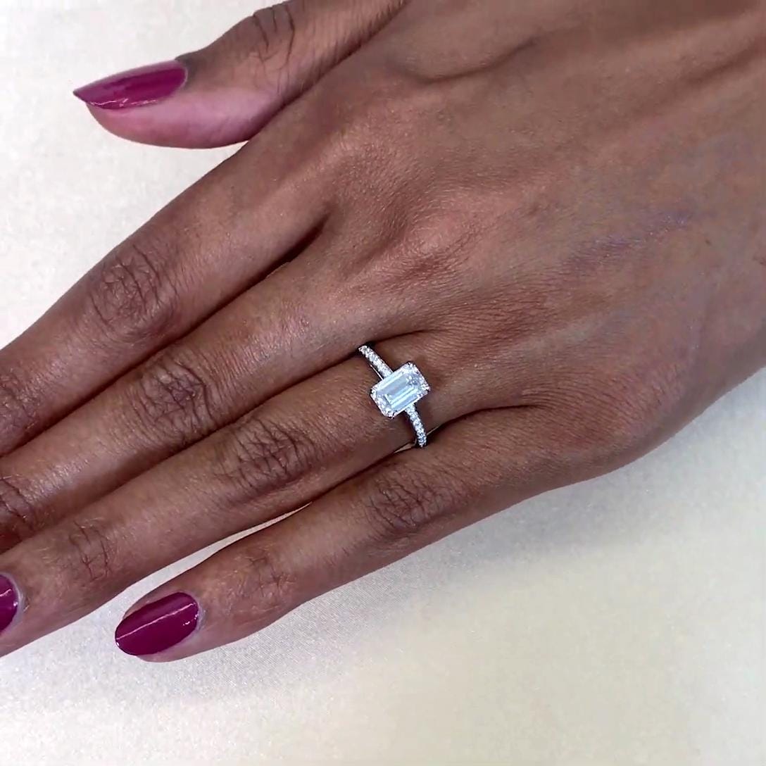Emerald 1.50tcw Lab Grown Diamond cathedral Hidden Halo Engagement Ring, D-E-F Color, VVS-VS Clarity