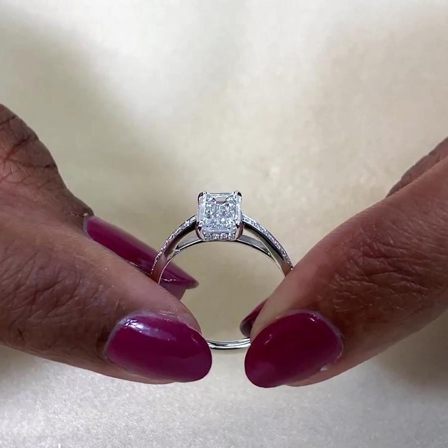 Emerald 1.50tcw Lab Grown Diamond cathedral Hidden Halo Engagement Ring, D-E-F Color, VVS-VS Clarity