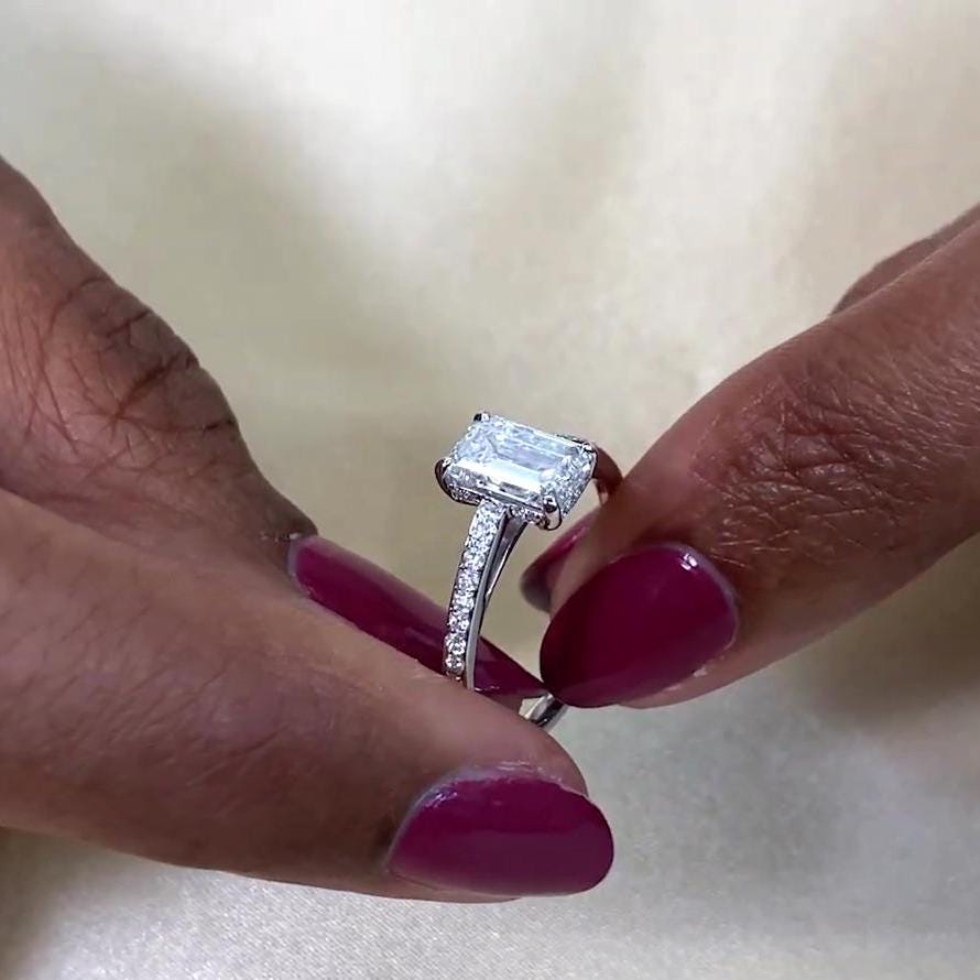 Emerald 1.50tcw Lab Grown Diamond cathedral Hidden Halo Engagement Ring, D-E-F Color, VVS-VS Clarity